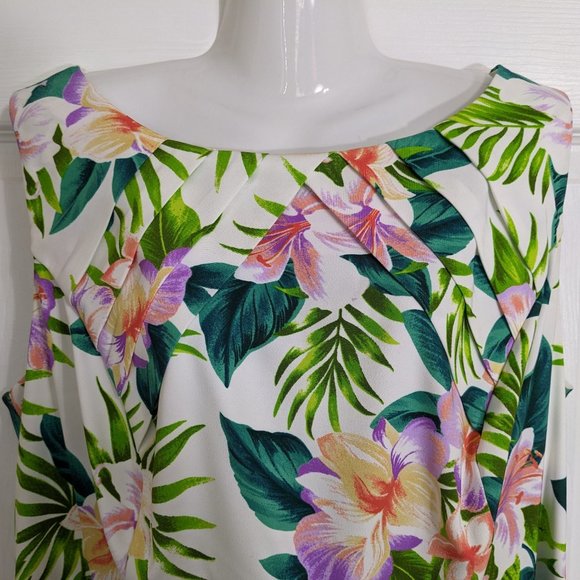 Dressbarn White Green Purple Floral Sleeveless Belted Midi Dress - size 16W - Picture 4 of 15